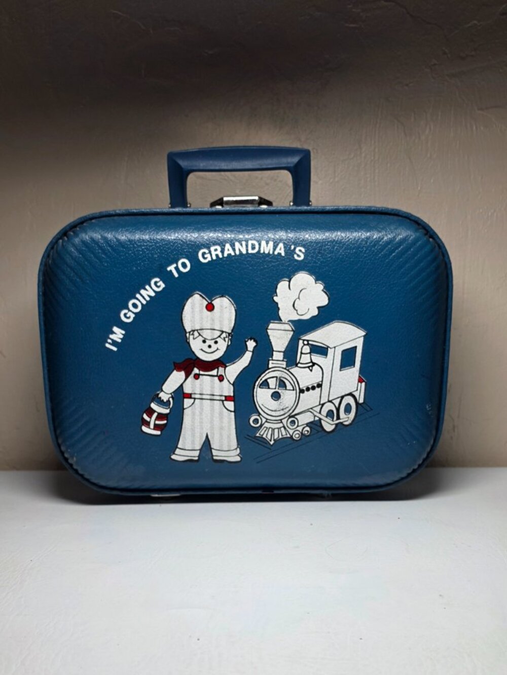 Vintage Small Blue Suitcase Kids - I'm Going to Grandmas - Hard Sided Boy Train